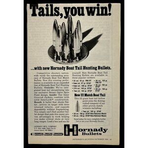 Hornady Boat Tail Print Ad Vintage 1980 Hunting Bullets Tails You Win